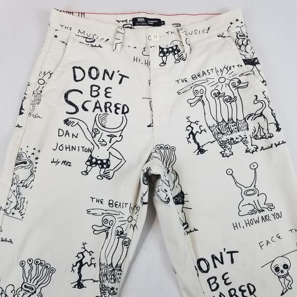 Vans Authentic Chino Mens 30 Cream Daniel Johnston Art Print Pants Loose Fit - Picture 4 of 13